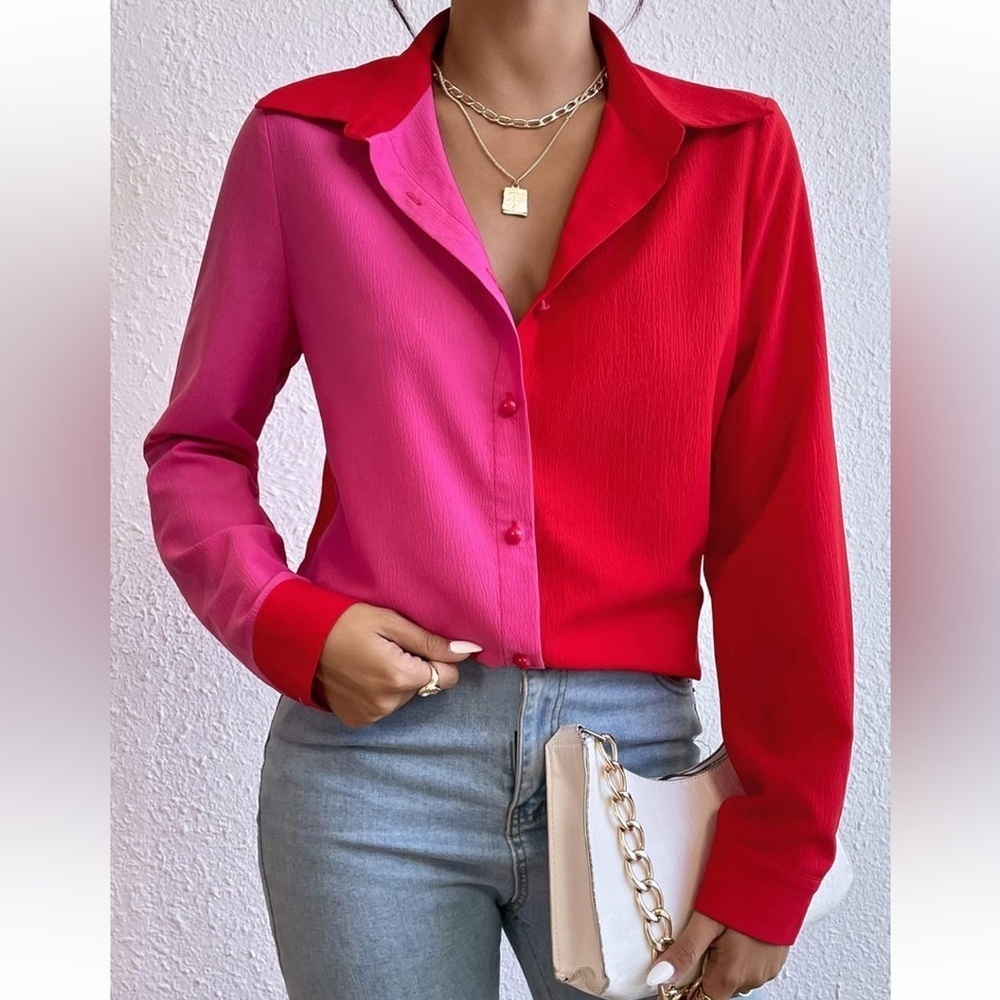 Colorblock Pink & Red Button-Up Blouse | Long Sleeve | Chic Statement Top Sz XS